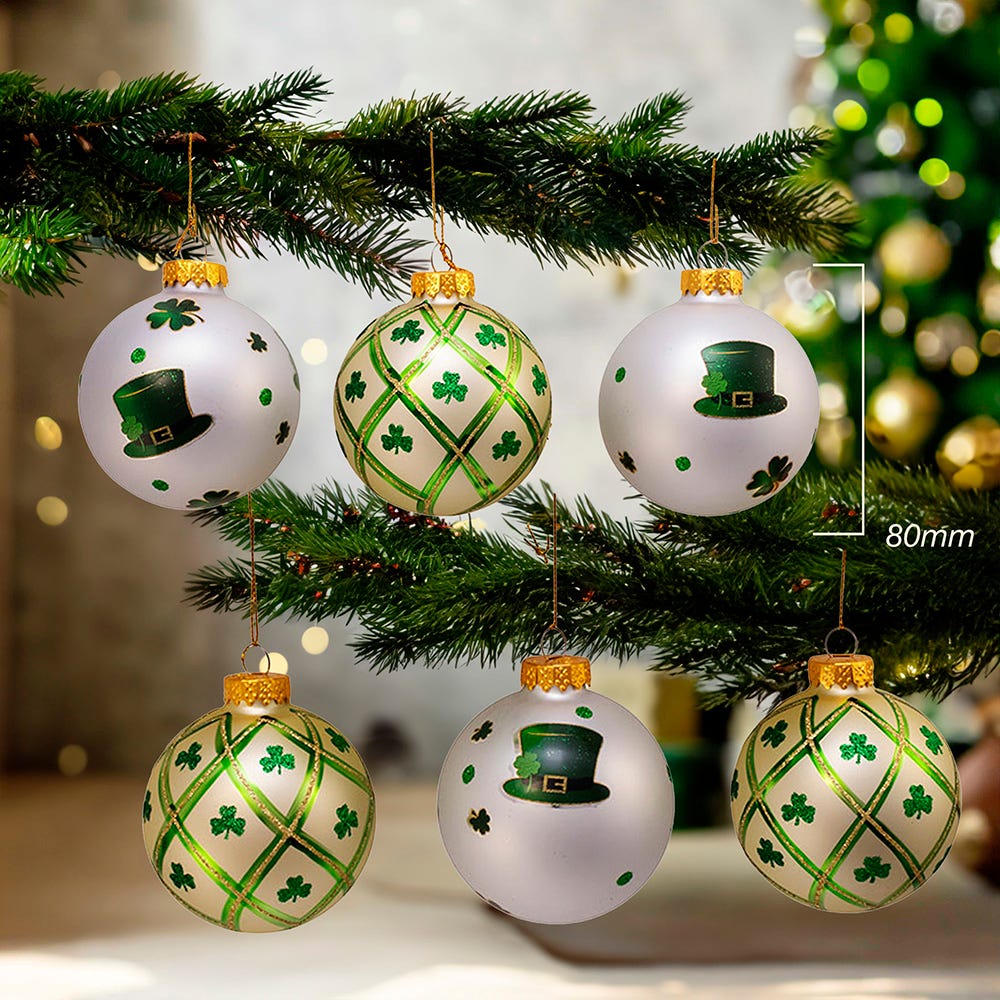 Kurt Adler 80MM Silver and Light Green St. Patrick Glass Ball Ornaments, 6 Piece Box